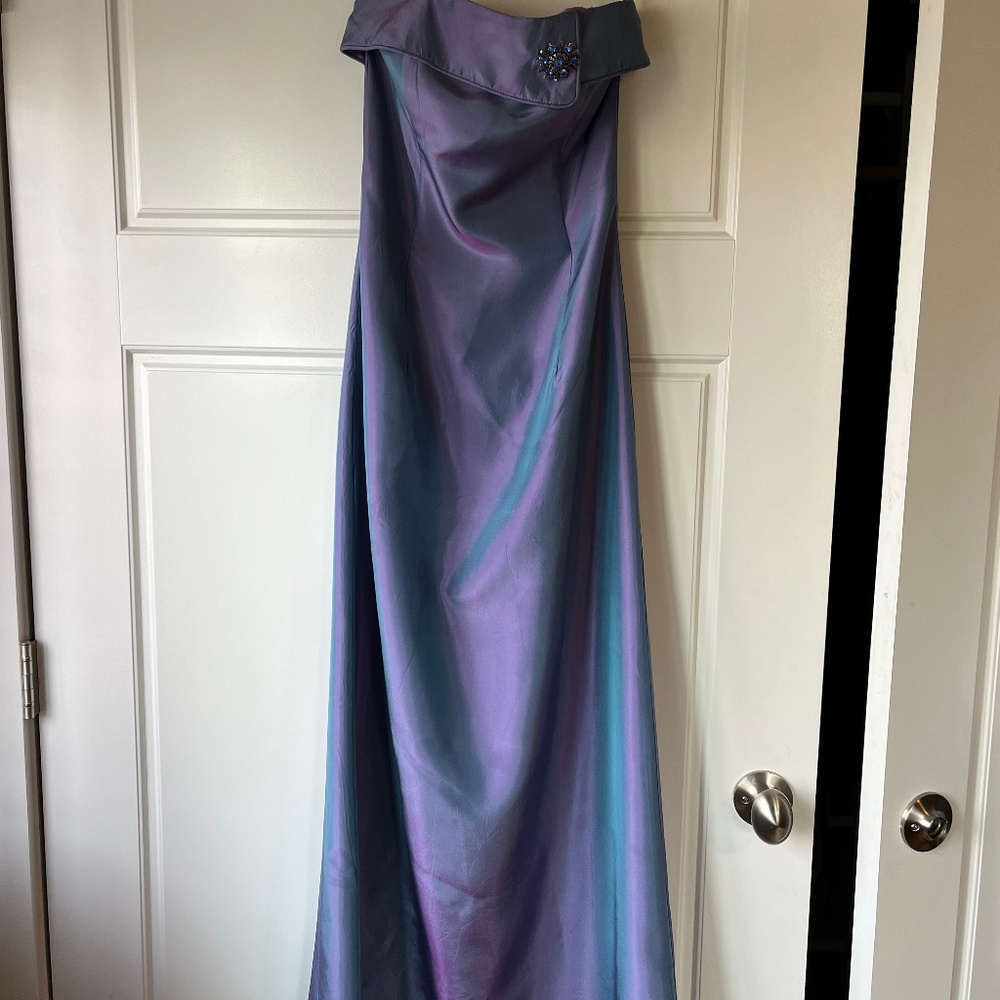 Iridescent purple/blue strapless gown